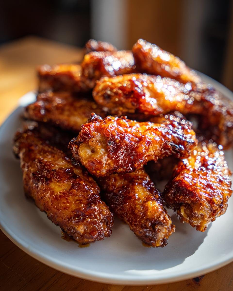 A close-up shot of a pile of Irresistible Honey Glazed Chicken Wings, glistening with sauce.