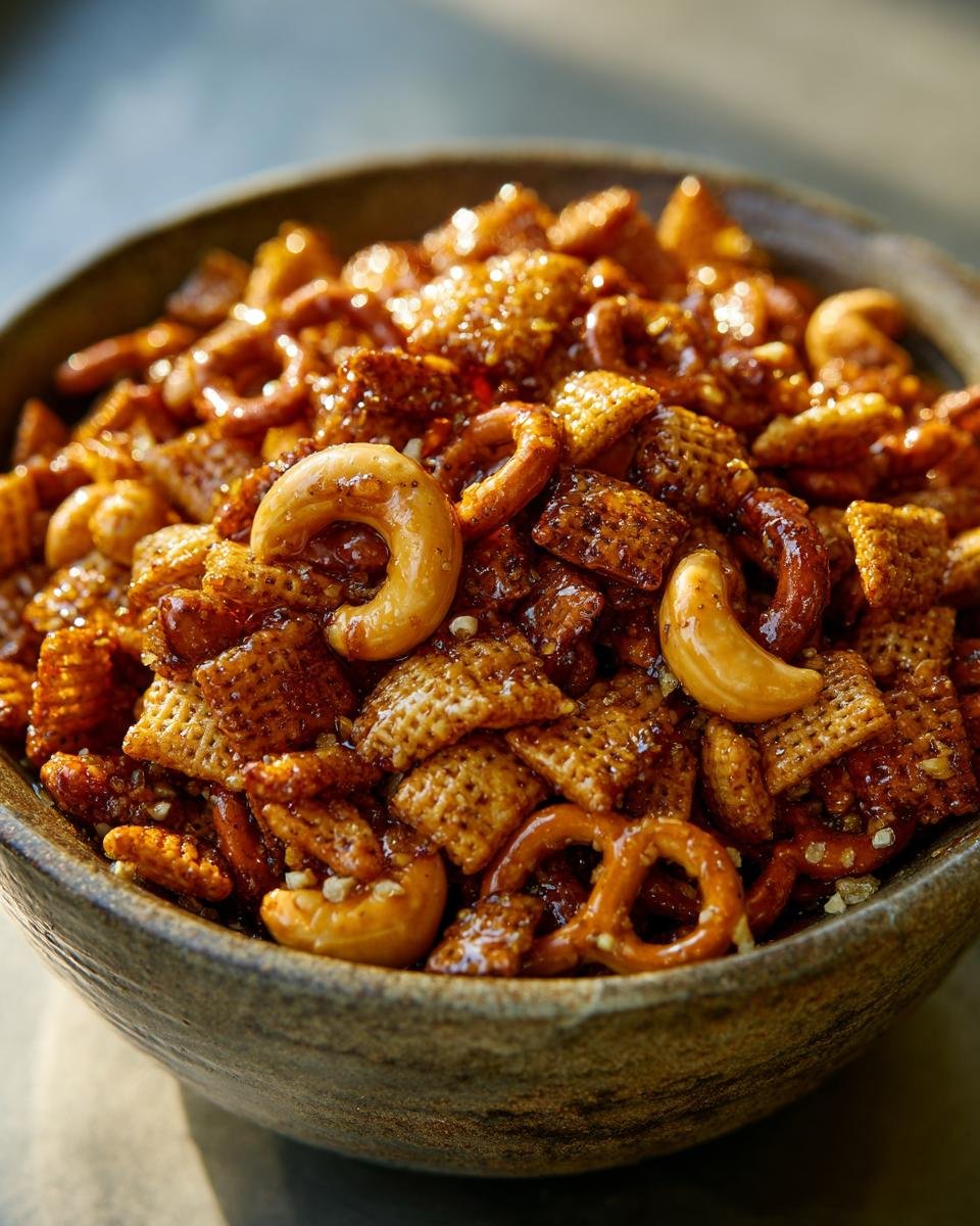 Close-up of a bowl filled with Irresistible Hot Honey Chex Mix, featuring Chex cereal, pretzels, and cashews coated in a glossy sauce.
