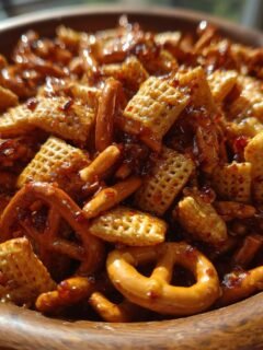 A close-up of a wooden bowl filled with Irresistible Hot Honey Chex Mix, featuring Chex cereal pieces and pretzels coated in a glossy, spicy glaze.