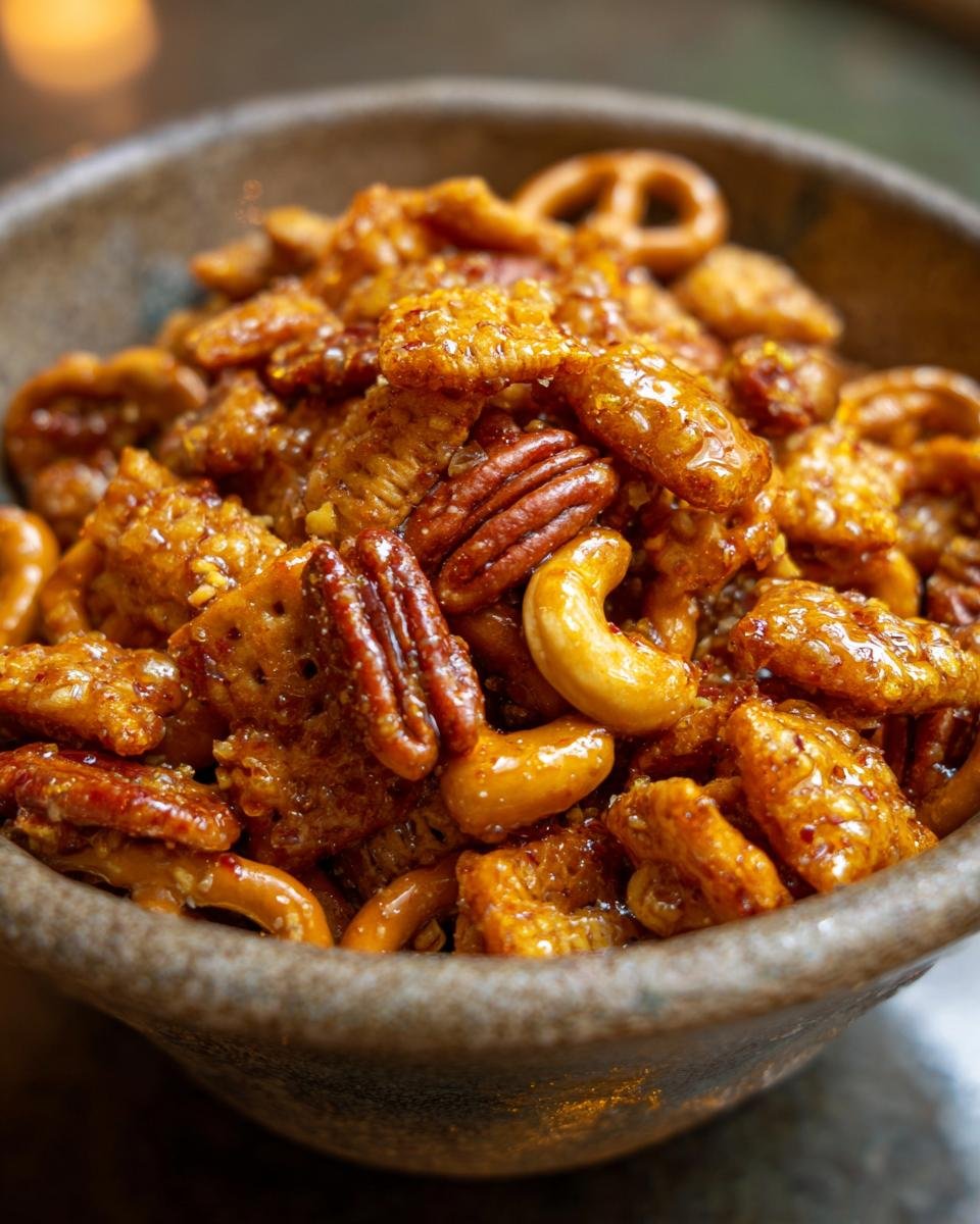 Close-up of a bowl filled with Irresistible Hot Honey Chex Mix, featuring Chex cereal, pretzels, pecans, and cashews coated in a glossy glaze.