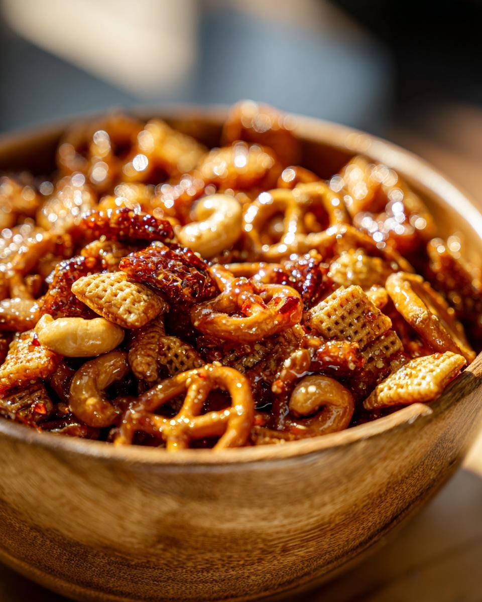 A close-up of Irresistible Hot Honey Chex Mix in a wooden bowl, featuring pretzels, Chex cereal, and cashews coated in a glossy glaze.