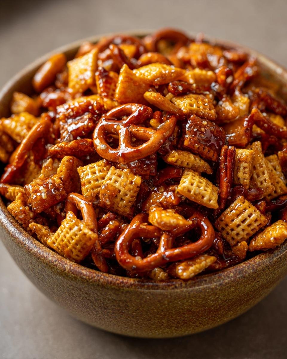 Close-up of a bowl filled with Irresistible Hot Honey Chex Mix, featuring pretzels and Chex cereal coated in a glossy sauce.