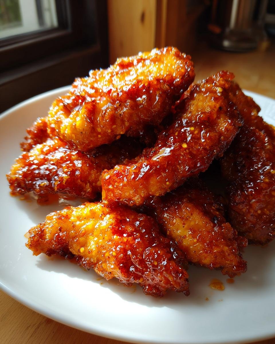 A close-up of a pile of Irresistible Hot Honey Chicken Tenders coated in a glossy, reddish-orange glaze.