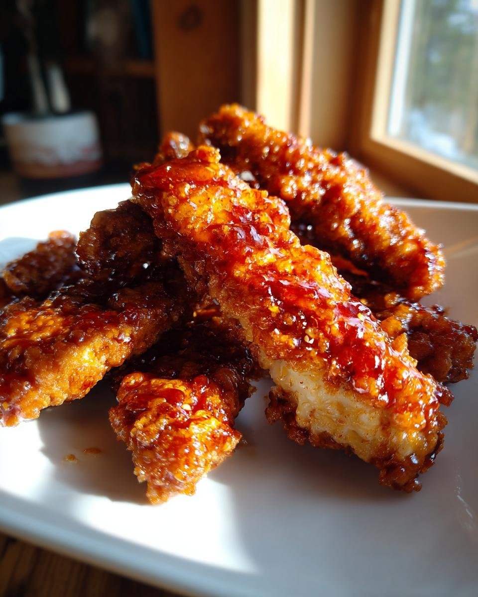 A close-up of Irresistible Hot Honey Chicken Tenders coated in a glossy, reddish-brown sauce.