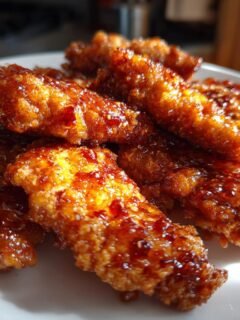 A plate piled high with Irresistible Hot Honey Chicken Tenders, coated in a glistening, spicy-sweet glaze.