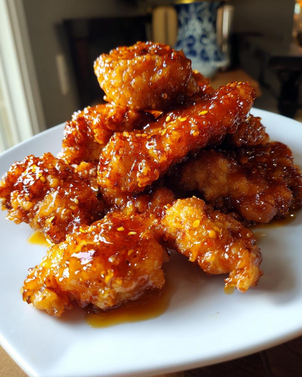 A close-up of a pile of Irresistible Hot Honey Chicken Tenders glazed in a shiny, amber sauce with sesame seeds.