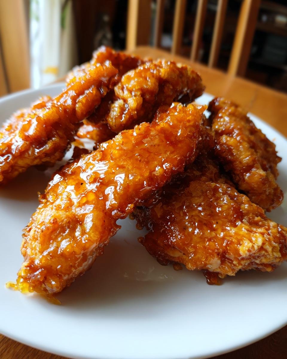 A plate of Irresistible Hot Honey Chicken Tenders coated in a glossy, amber glaze.