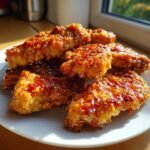 Close-up of a plate piled high with Irresistible Hot Honey Chicken Tenders, glistening with a sticky, spicy glaze.