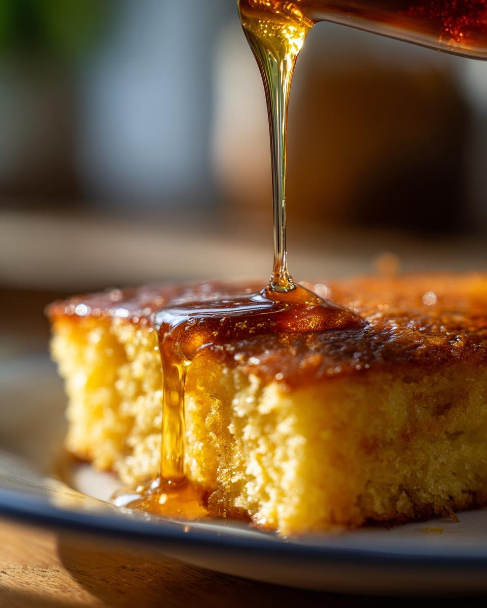 Close-up of a slice of cake being drizzled with irresistible hot honey, showcasing its sweet and spicy magic.