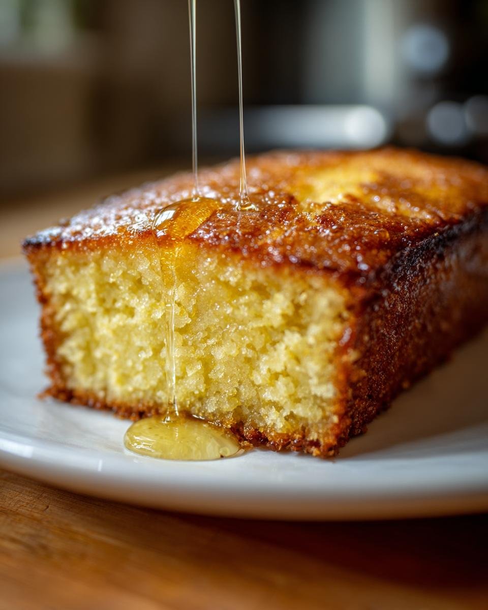 A slice of golden cake is being drizzled with Irresistible Hot Honey, creating a sweet and spicy glaze.