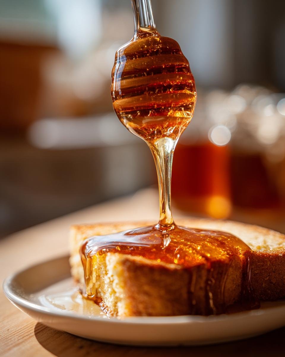 Close-up of a honey dipper drizzling Irresistible Hot Honey over a slice of cake.