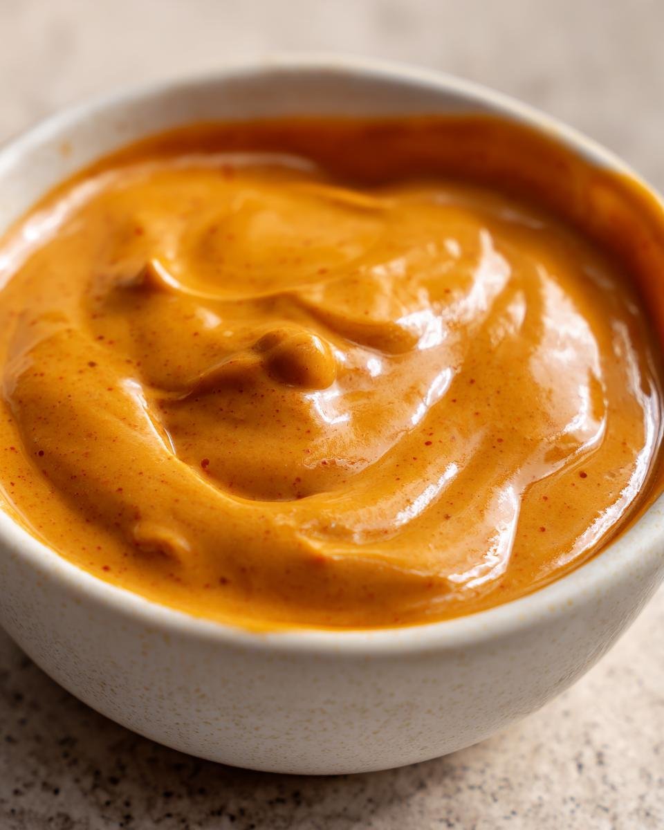 Close-up of a bowl filled with creamy, orange Irresistible In And Out Sauce, perfect for flavor lovers.
