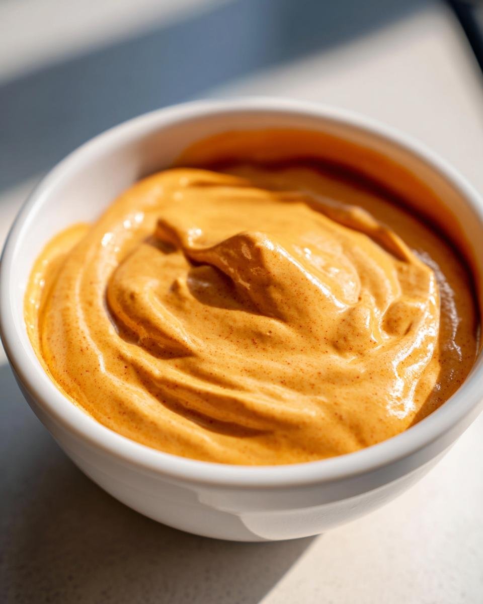 Close-up of a white bowl filled with creamy, orange Irresistible In And Out Sauce.