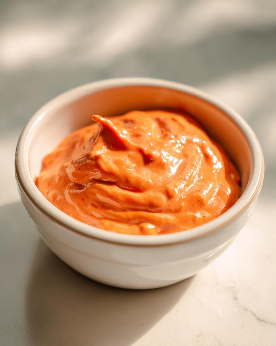 A white bowl filled with creamy, orange Irresistible In And Out Sauce Recipe.