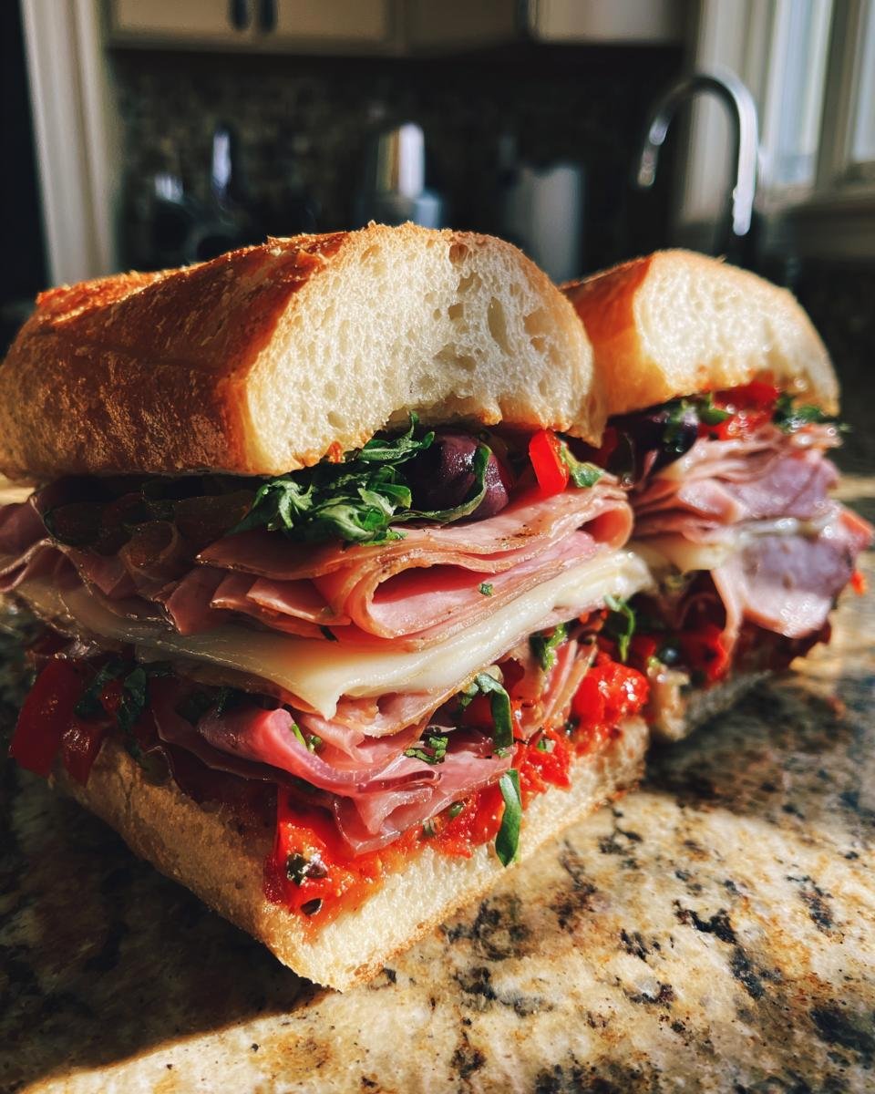 A close-up of an Irresistible Italian Sandwich piled high with meats, cheese, olives, and roasted peppers.