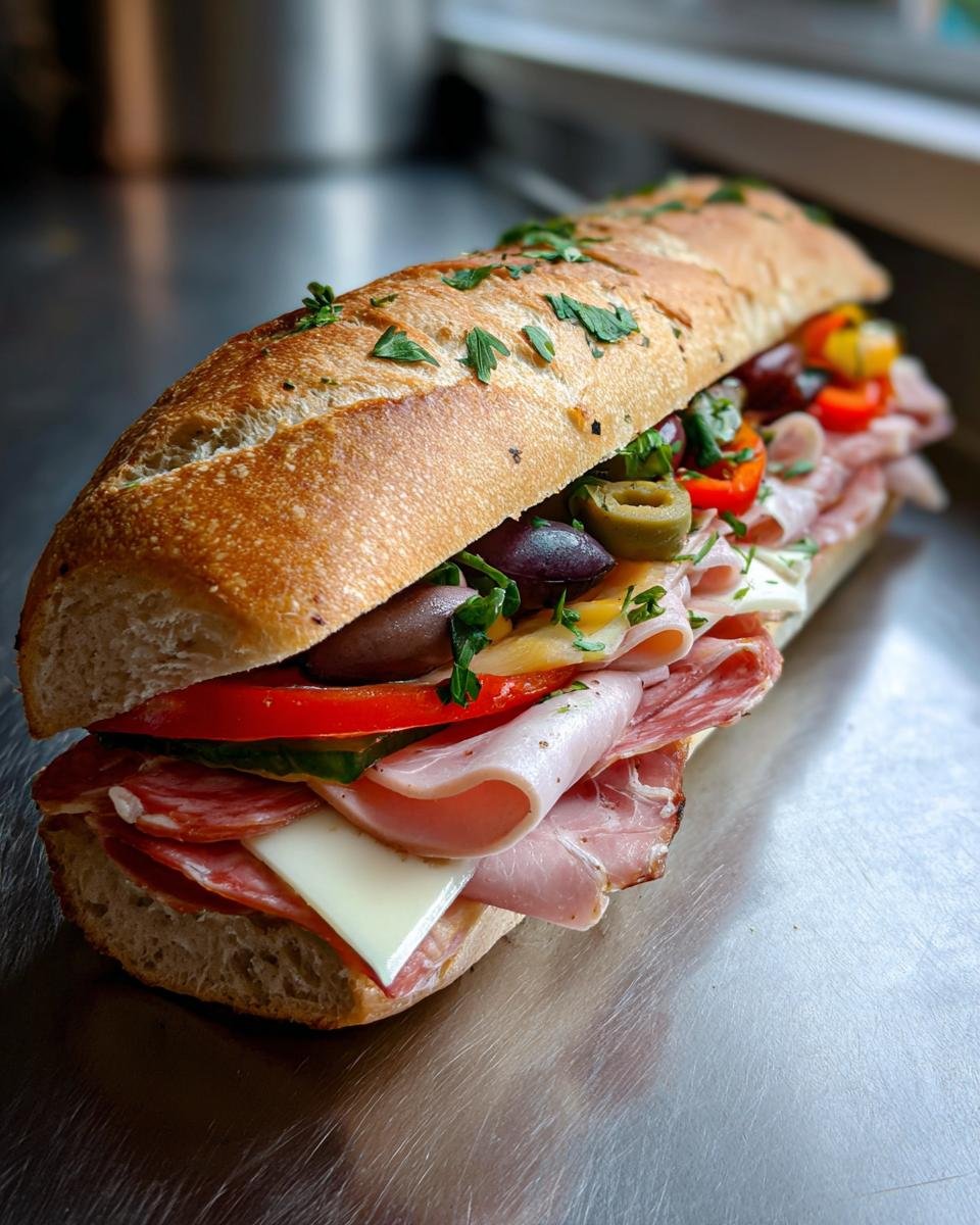 A long, crusty Italian sandwich overflowing with layers of salami, ham, cheese, olives, and peppers.