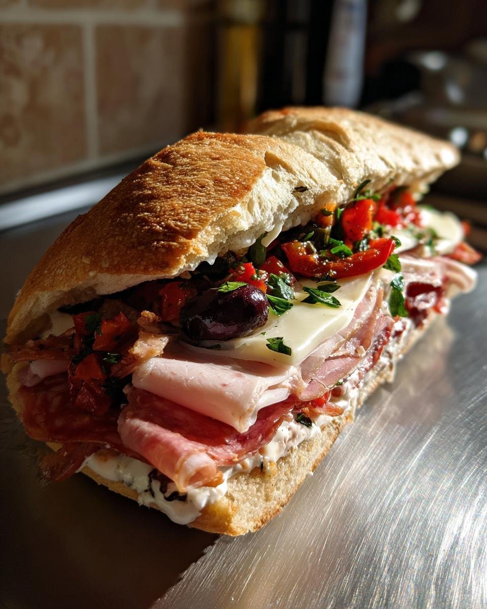 Close-up of an Irresistible Italian Sandwich packed with meats, cheese, olives, and peppers.