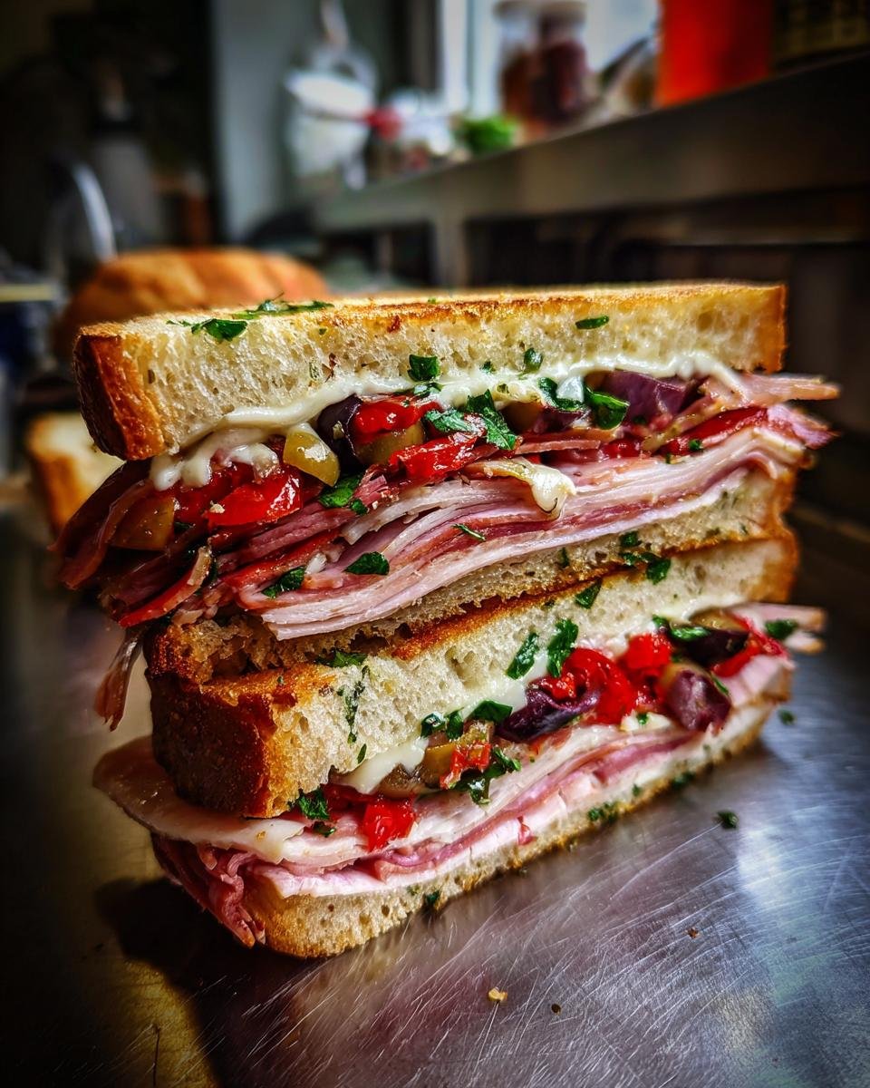 Close-up of an Irresistible Italian Sandwich layered with meats, cheese, roasted peppers, olives, and herbs.