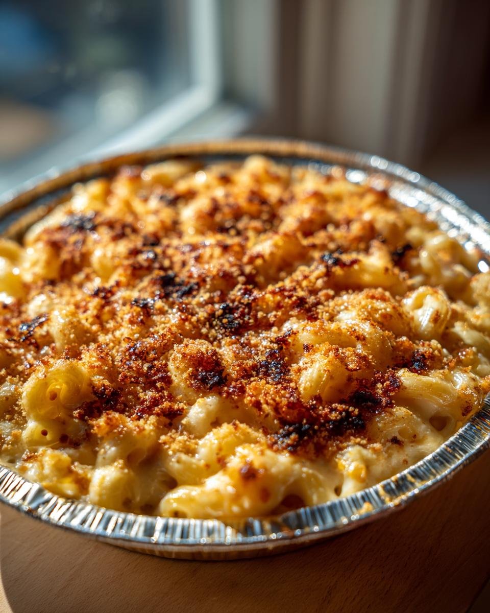 Close-up of Irresistible Memorial Day Smoked Mac And Cheese in a foil pan, with a golden-brown, crispy topping.