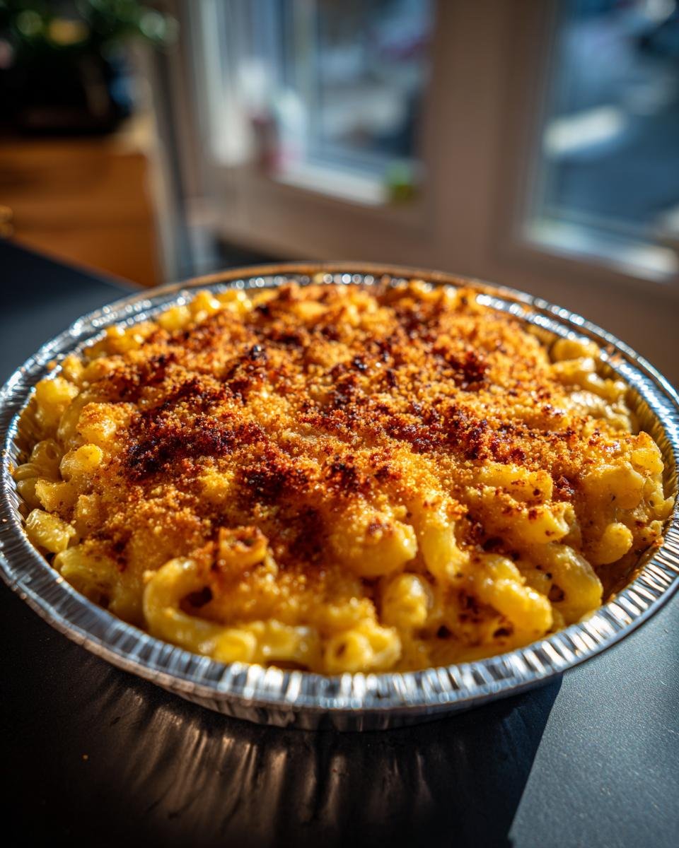 A close-up of Irresistible Memorial Day Smoked Mac and Cheese in a foil pan, with a golden-brown breadcrumb topping.