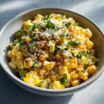 A close-up of a bowl filled with Irresistible Mexican Street Corn Salad, topped with crumbled cheese and fresh cilantro.
