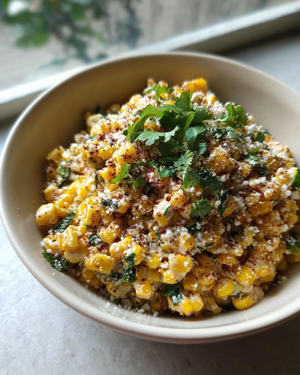 Close-up of a bowl filled with Irresistible Mexican Street Corn Salad, topped with cheese and cilantro.