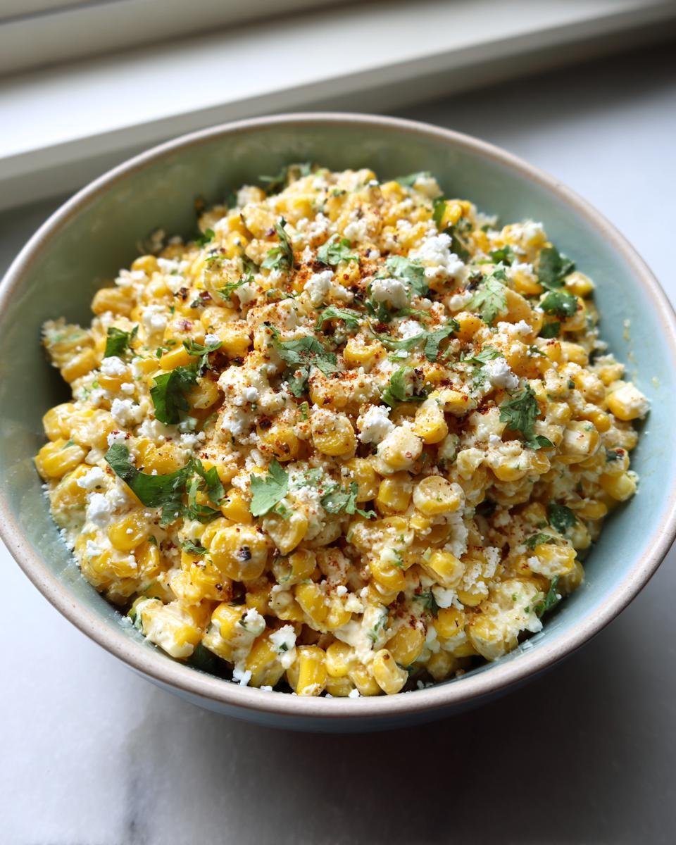 A close-up of a bowl filled with Irresistible Mexican Street Corn Salad, topped with crumbled cheese and cilantro.