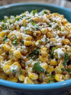 Close-up of an Irresistible Mexican Street Corn Salad in a blue bowl, topped with crumbled cheese and cilantro.