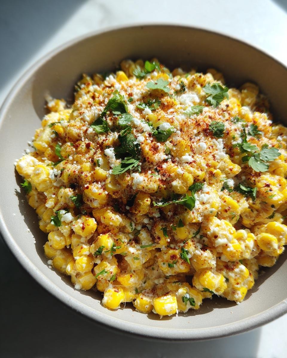 Close-up of Irresistible Mexican Street Corn Salad in a bowl, topped with cotija cheese, chili powder, and cilantro.
