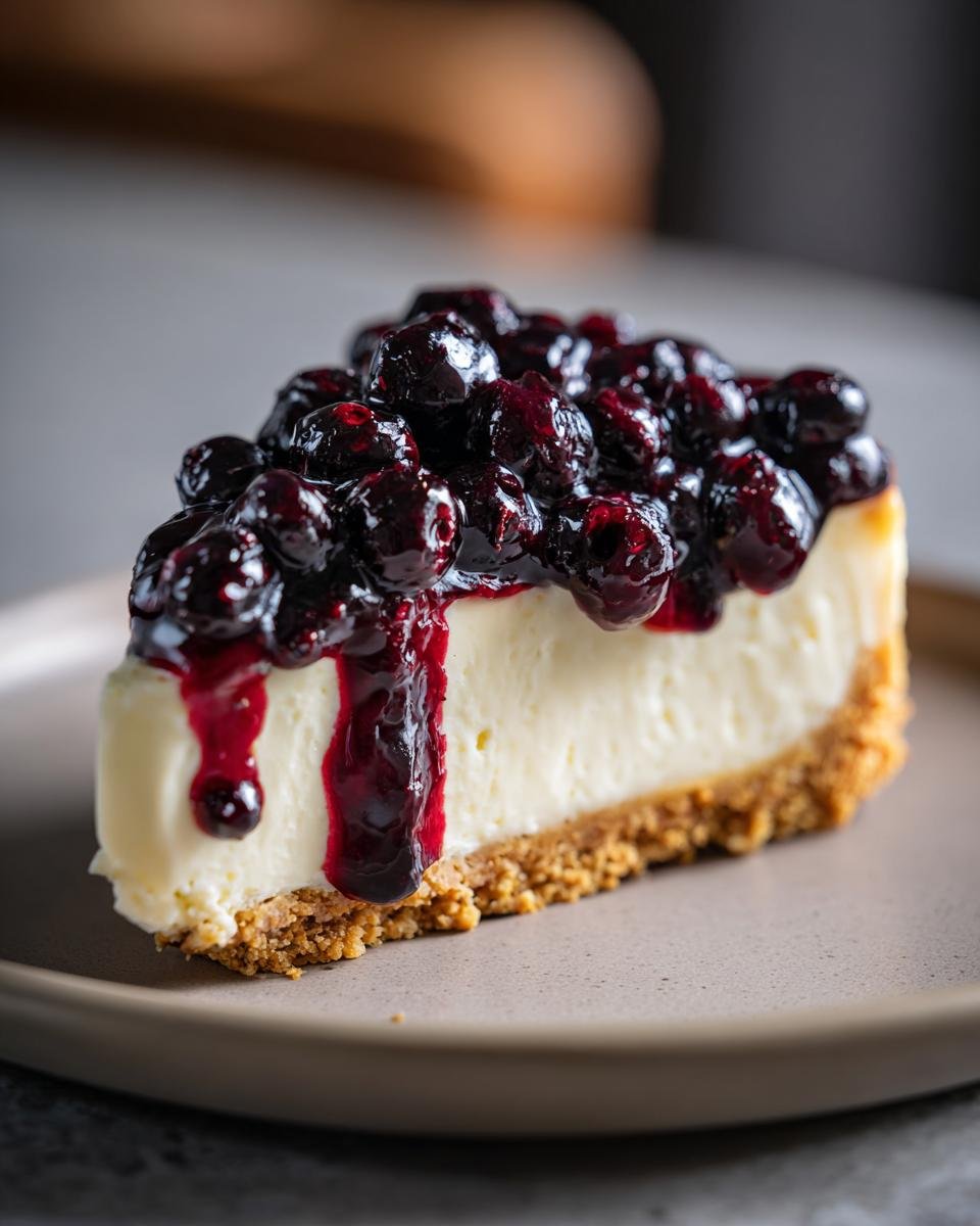 A slice of Irresistible No Bake Blueberry Cheesecake topped with fresh blueberries and blueberry sauce.
