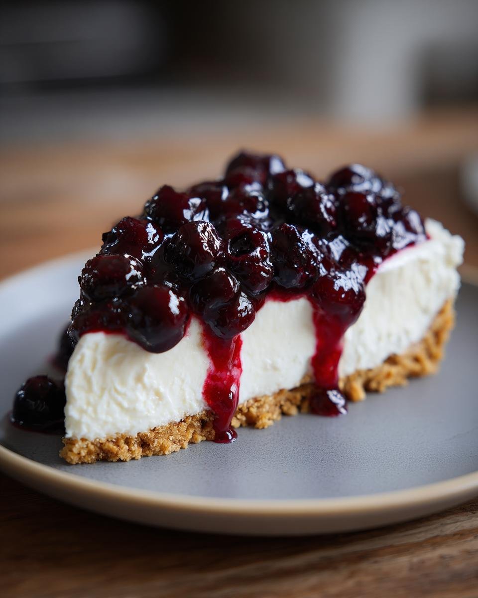 A slice of Irresistible No Bake Blueberry Cheesecake with a graham cracker crust and blueberry topping.
