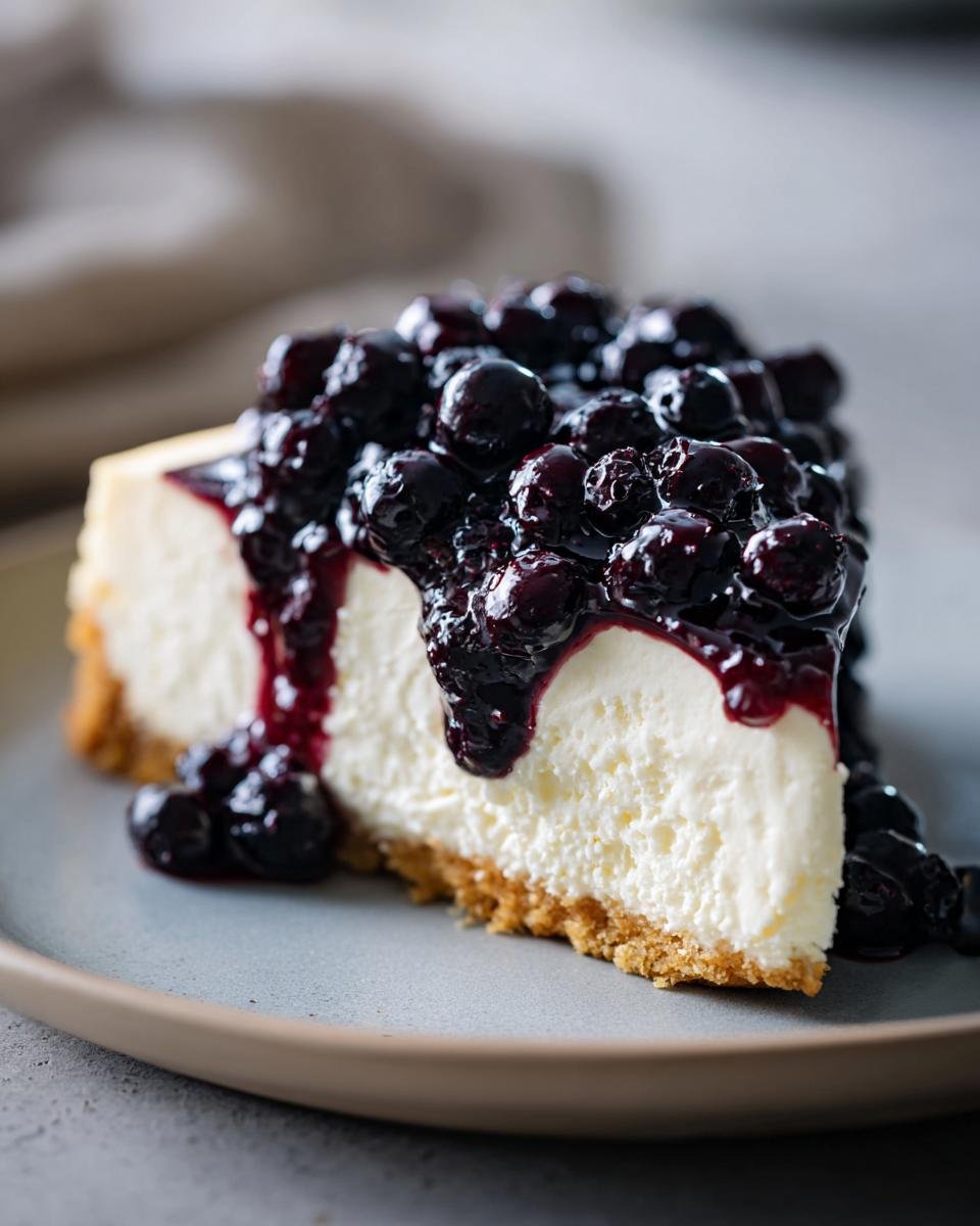 A close-up of a slice of Irresistible No Bake Blueberry Cheesecake, topped with fresh blueberries and syrup.
