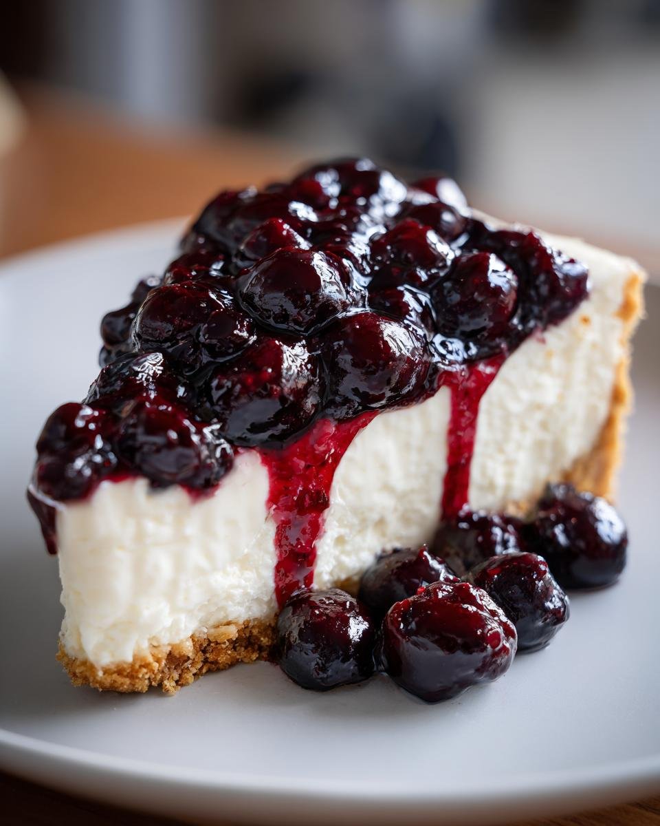 A slice of Irresistible No Bake Blueberry Cheesecake topped with fresh blueberries and sauce.
