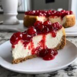 A slice of Irresistible No Bake Cherry Cheesecake Recipe Delight topped with cherry compote.