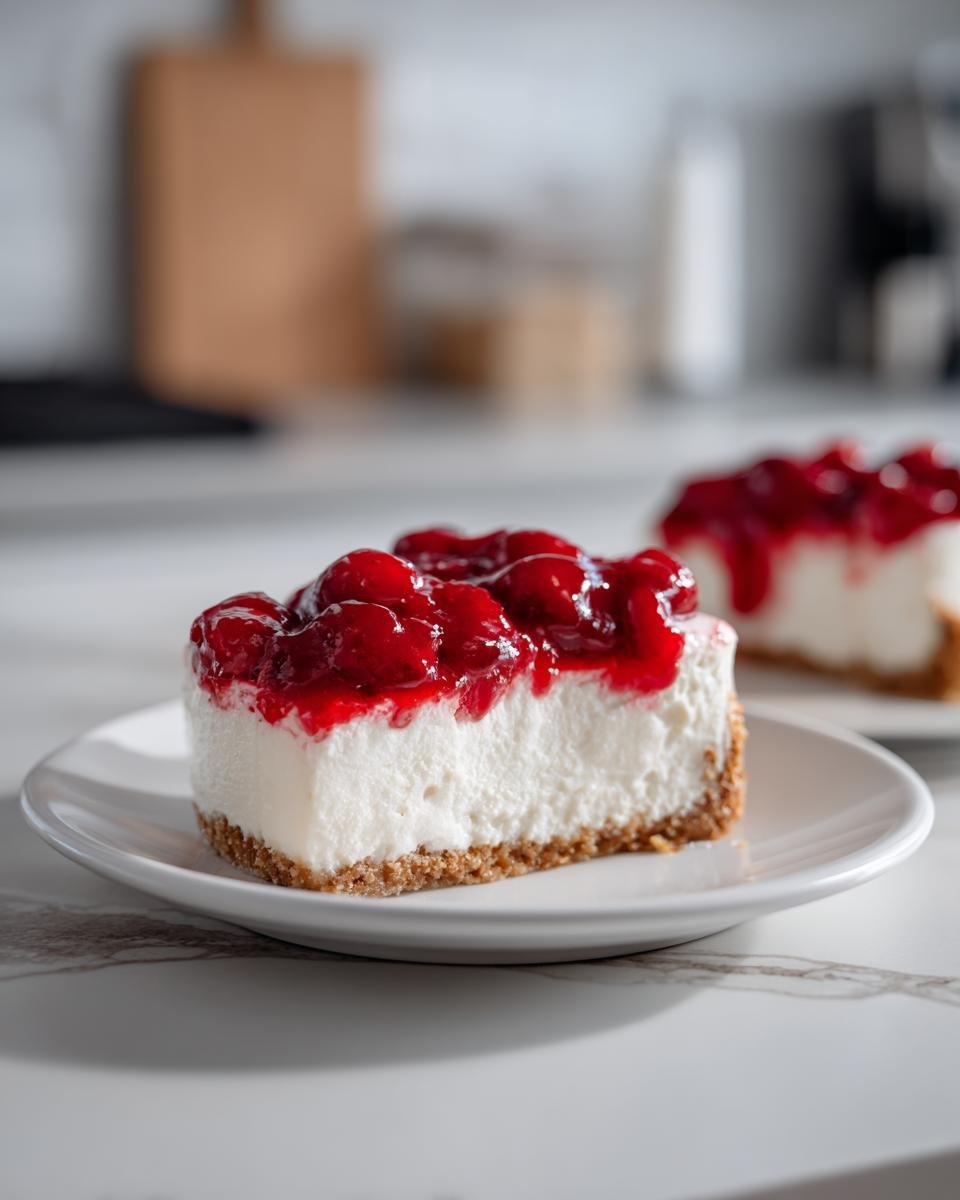 A slice of Irresistible No Bake Cherry Cheesecake on a white plate, topped with cherry filling.