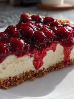 A slice of Irresistible No Bake Cherry Cheesecake with a graham cracker crust and a thick cherry topping.