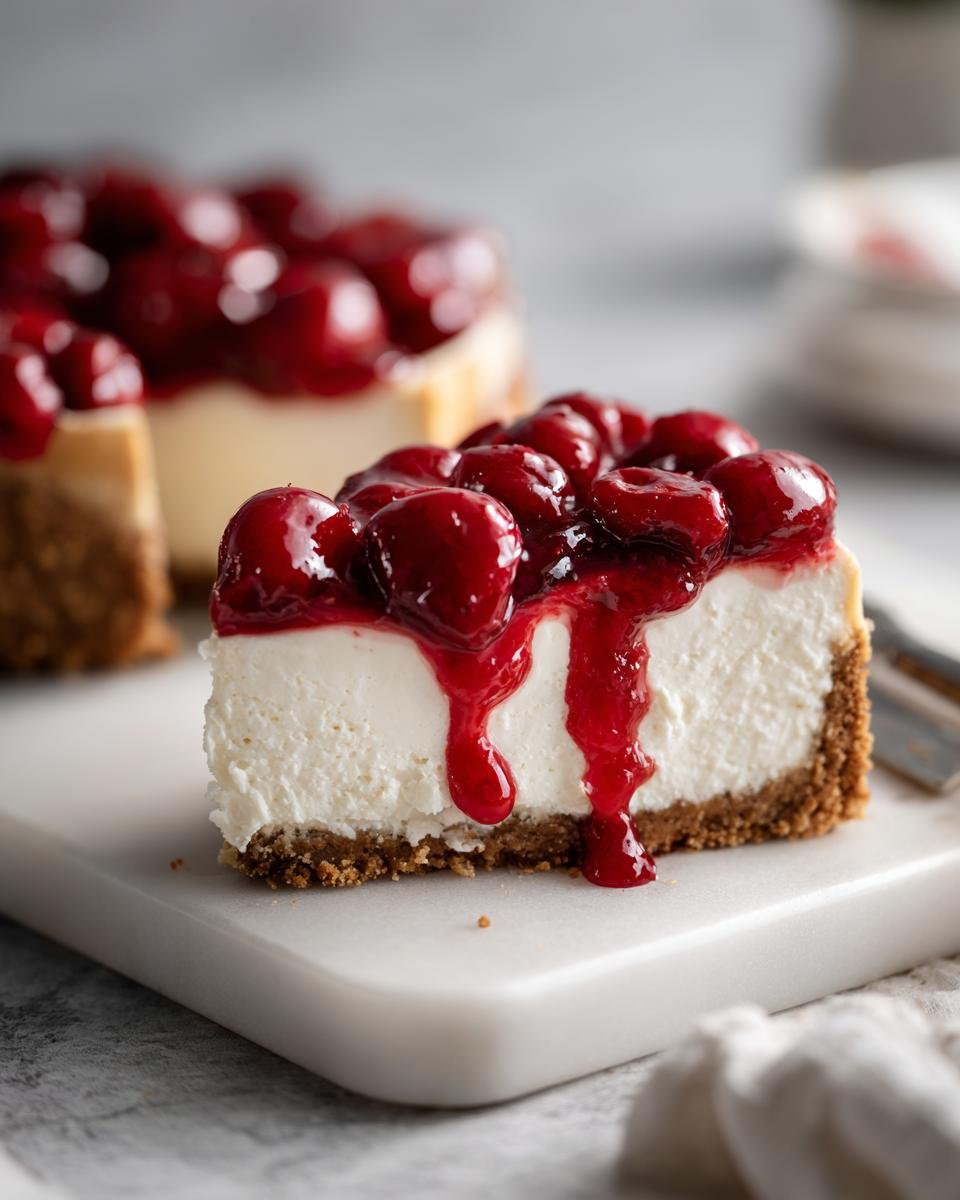 A slice of Irresistible No Bake Cherry Cheesecake, topped with glossy cherry filling and sauce.