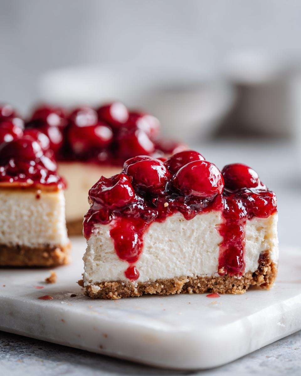 A slice of Irresistible No Bake Cherry Cheesecake with a graham cracker crust and a glossy cherry topping.