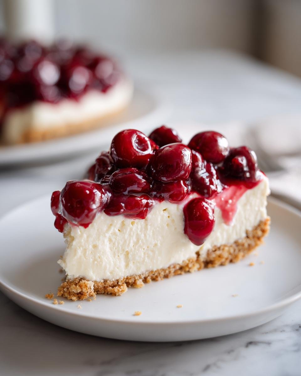 A slice of Irresistible No Bake Cherry Cheesecake with a graham cracker crust and a generous cherry topping.