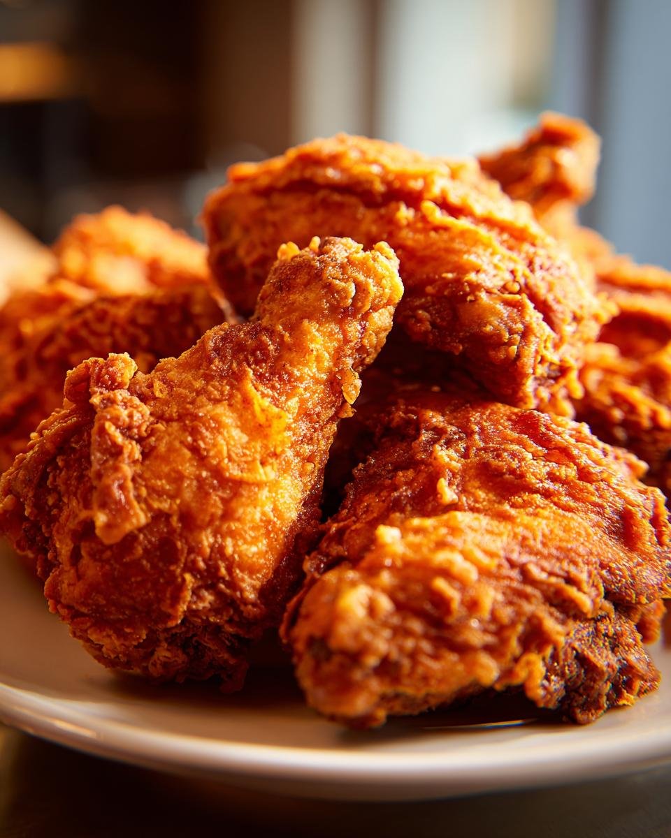 A close-up of a pile of irresistible pan fried chicken pieces, golden brown and crispy.