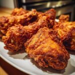 Close-up of a plate piled high with golden brown, Irresistible Pan Fried Chicken pieces.