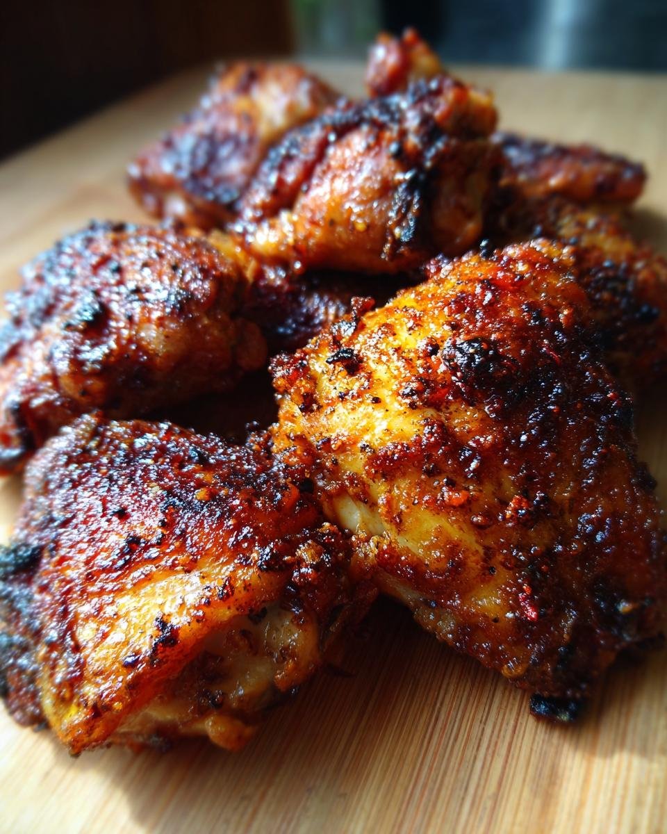 Close-up of Irresistible Pan Fried Chicken wings, perfectly golden brown and seasoned, on a wooden board.