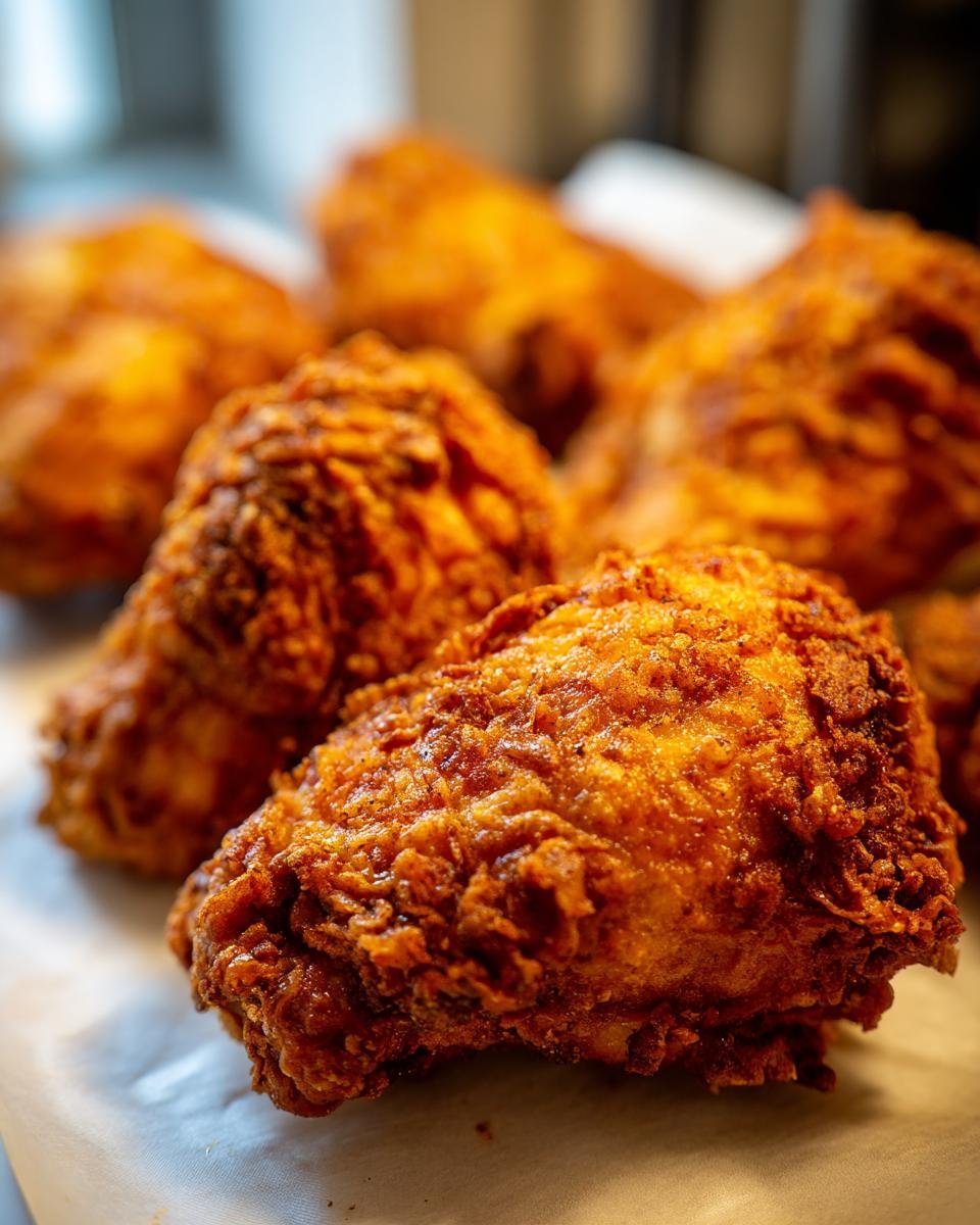 Close-up of golden brown, crispy Irresistible Pan Fried Chicken pieces arranged on a surface.