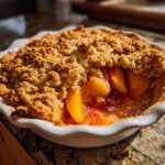 A close-up of an Irresistible Peach Crisp With Fresh Peaches, showing juicy peach slices under a golden, crumbly topping.