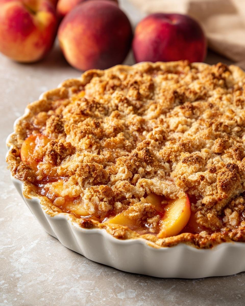Close-up of an Irresistible Peach Crisp With Fresh Peaches baked in a white dish, with whole peaches in the background.