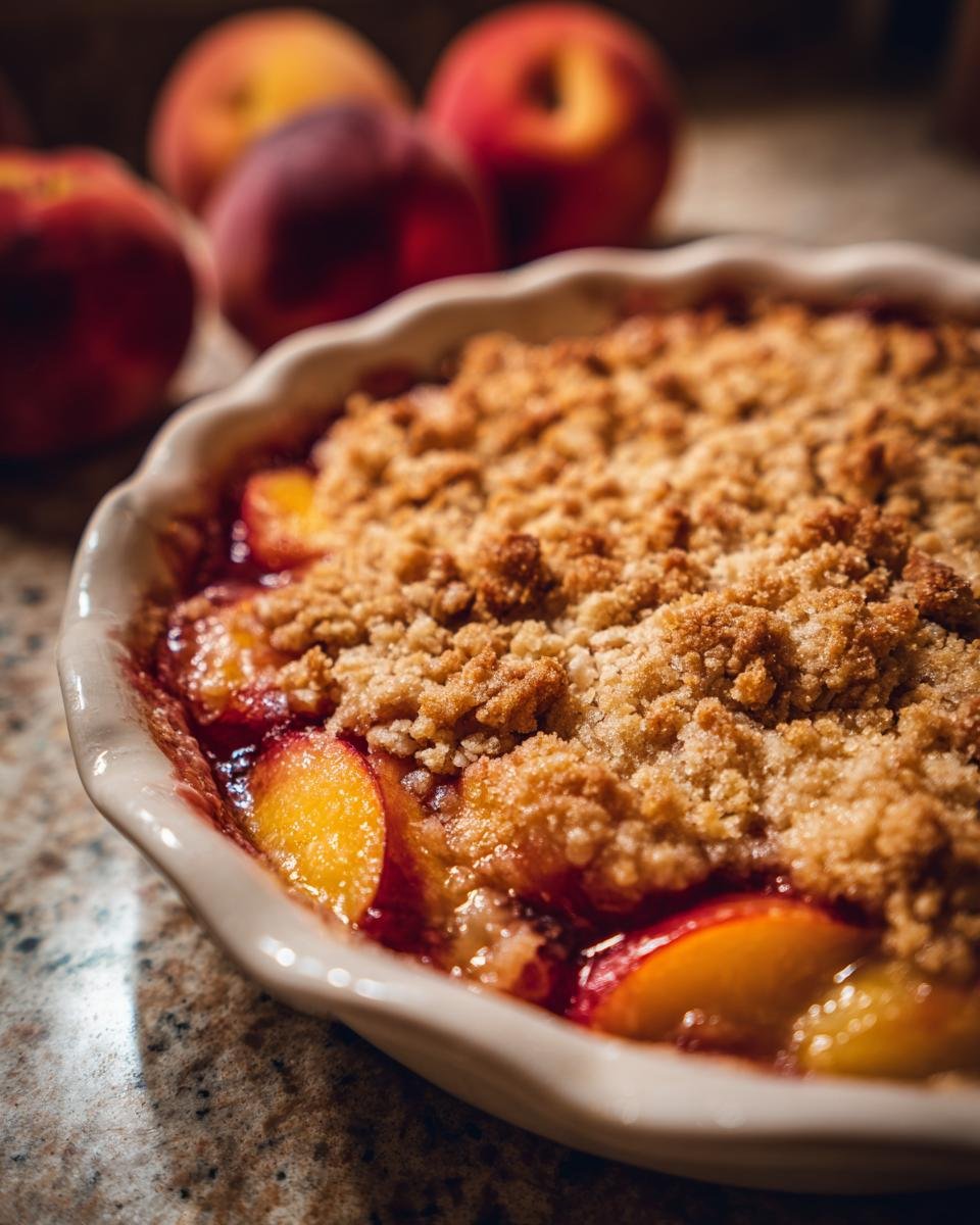 Close-up of an Irresistible Peach Crisp With Fresh Peaches in a baking dish, with whole peaches in the background.