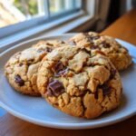 Close-up of three Irresistible Peanut Butter Chocolate Chip Cookies on a white plate, with chocolate chunks visible.