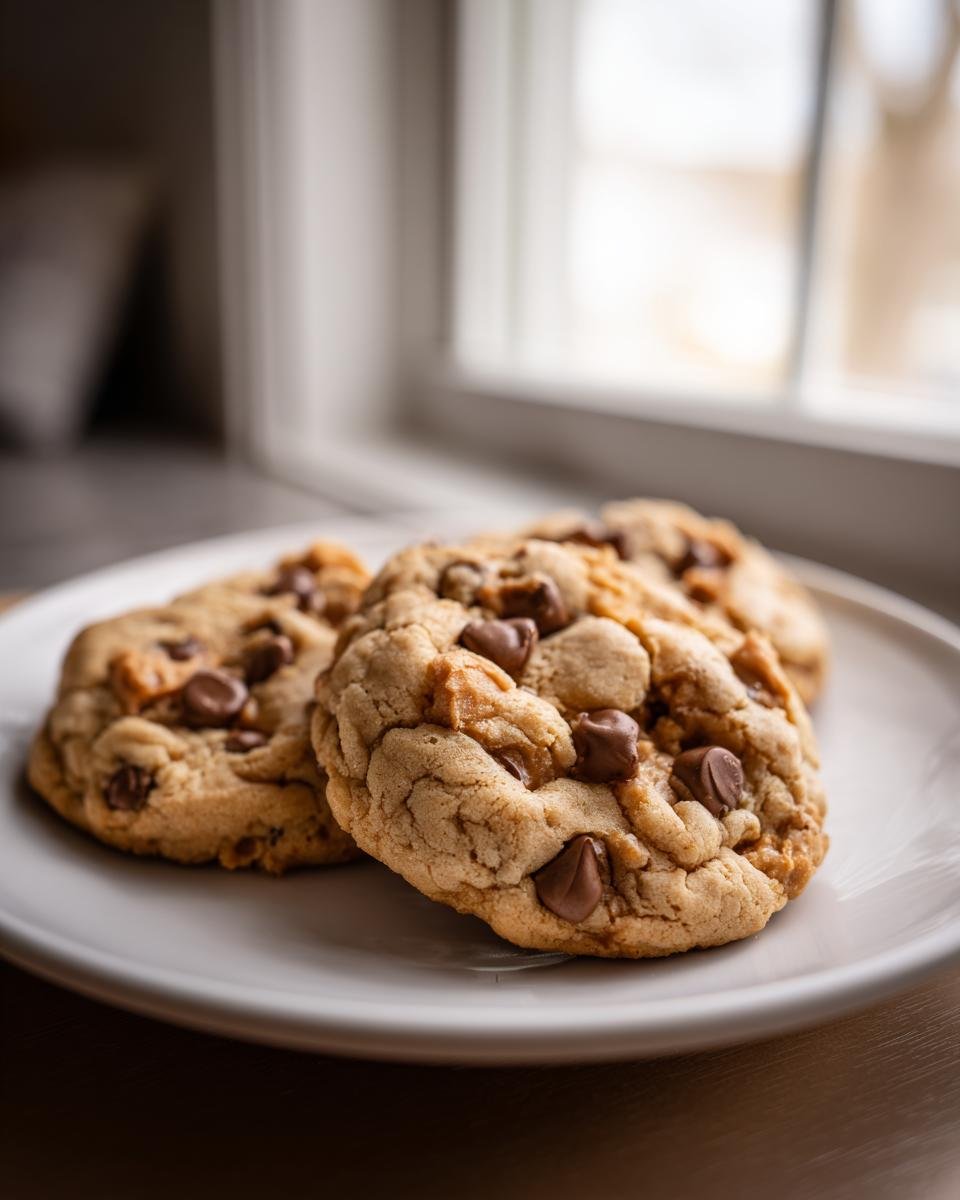 Close-up of three Irresistible Peanut Butter Chocolate Chip Cookies on a white plate, with chocolate chips visible.