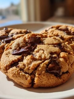 Three Irresistible Peanut Butter Chocolate Chip Cookies on a white plate, with melted chocolate chips.