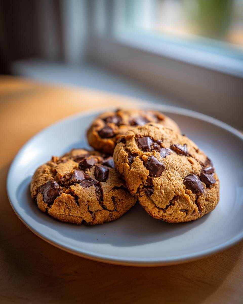 Three Irresistible Peanut Butter Chocolate Chip Cookies piled on a white plate, with large chocolate chunks visible.